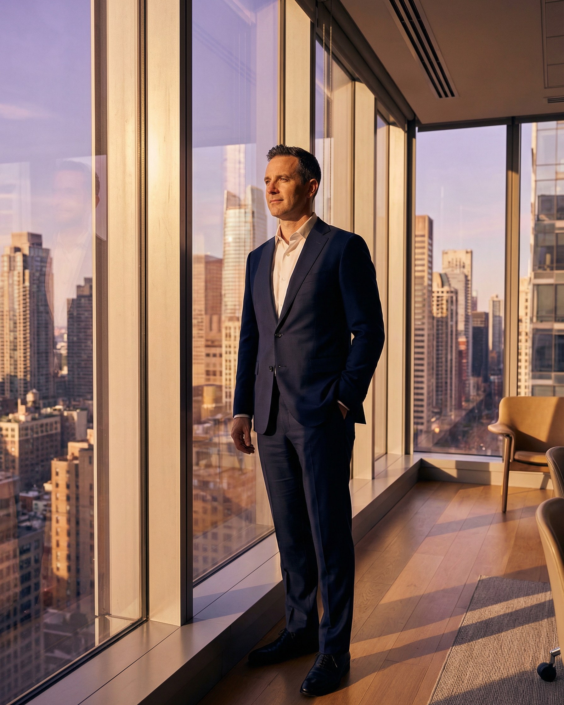 Executive at high-rise office window